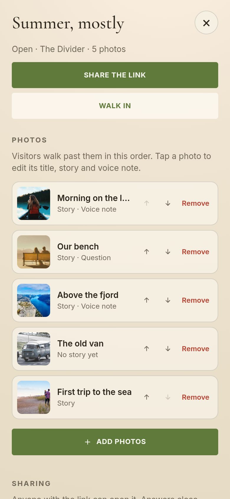 A room’s page in the Everhall app: its photos in walking order, ready to share.